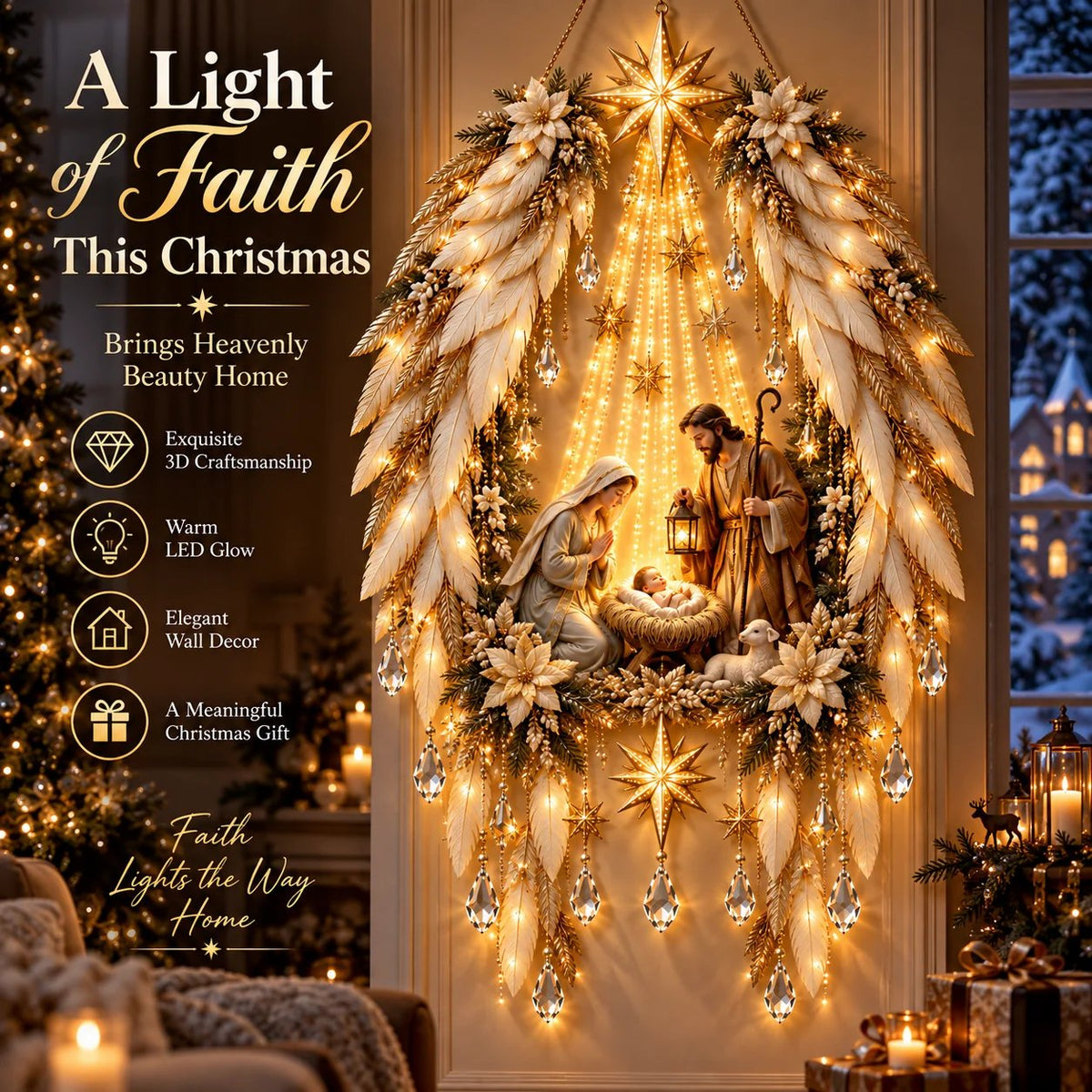 Angel Wings Nativity Wall Light glowing in a Christmas living room