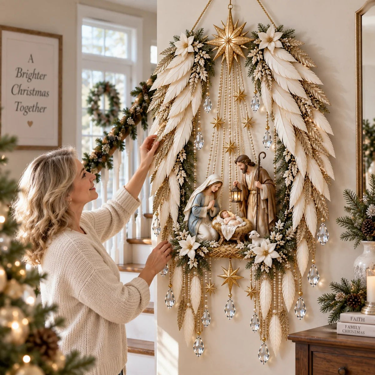 Woman hanging the Angel Wings Nativity Wall Light beside a staircase