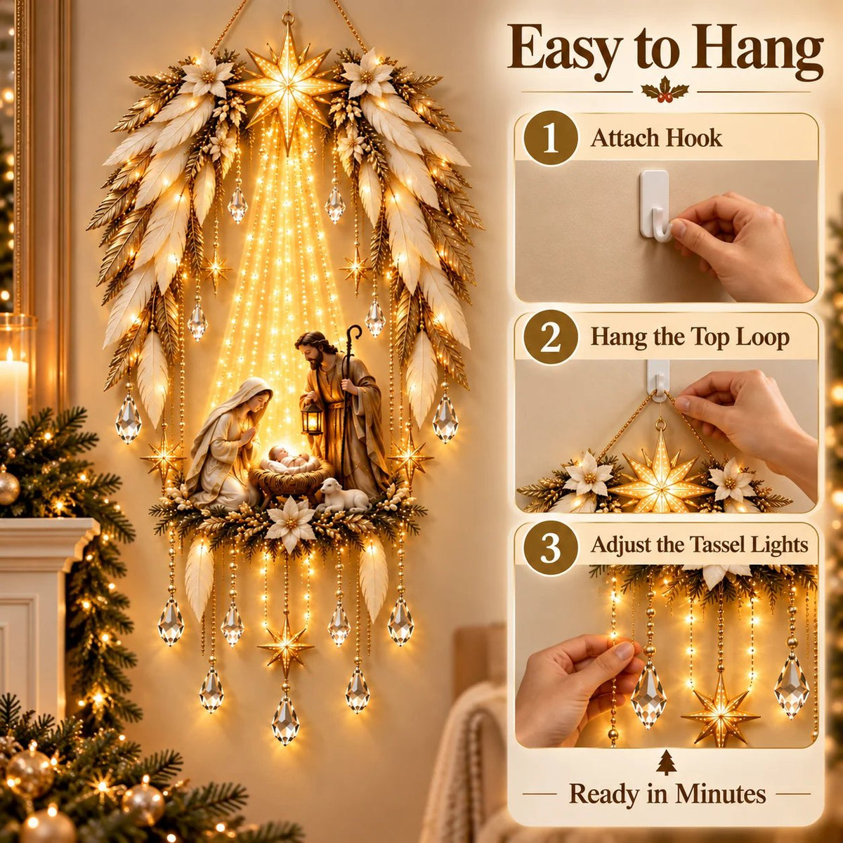 Easy to hang in three steps: attach hook, hang the top loop, adjust the tassel lights