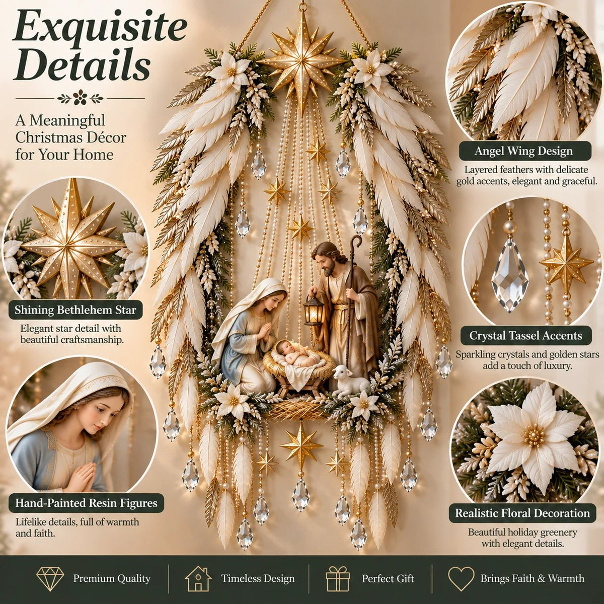 Details: Bethlehem star, angel wing feathers, crystal tassels and hand-painted Holy Family