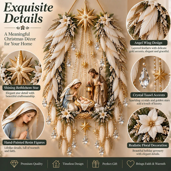 Details: Bethlehem star, angel wing feathers, crystal tassels and hand-painted Holy Family