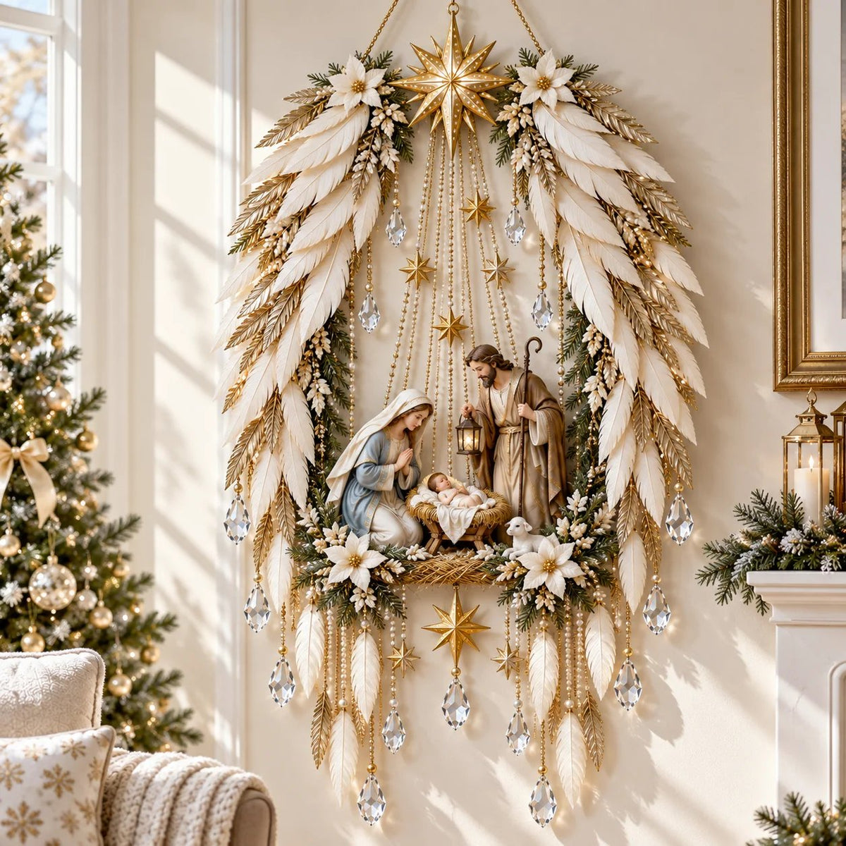 Angel Wings Nativity Wall Light by day on a cream wall