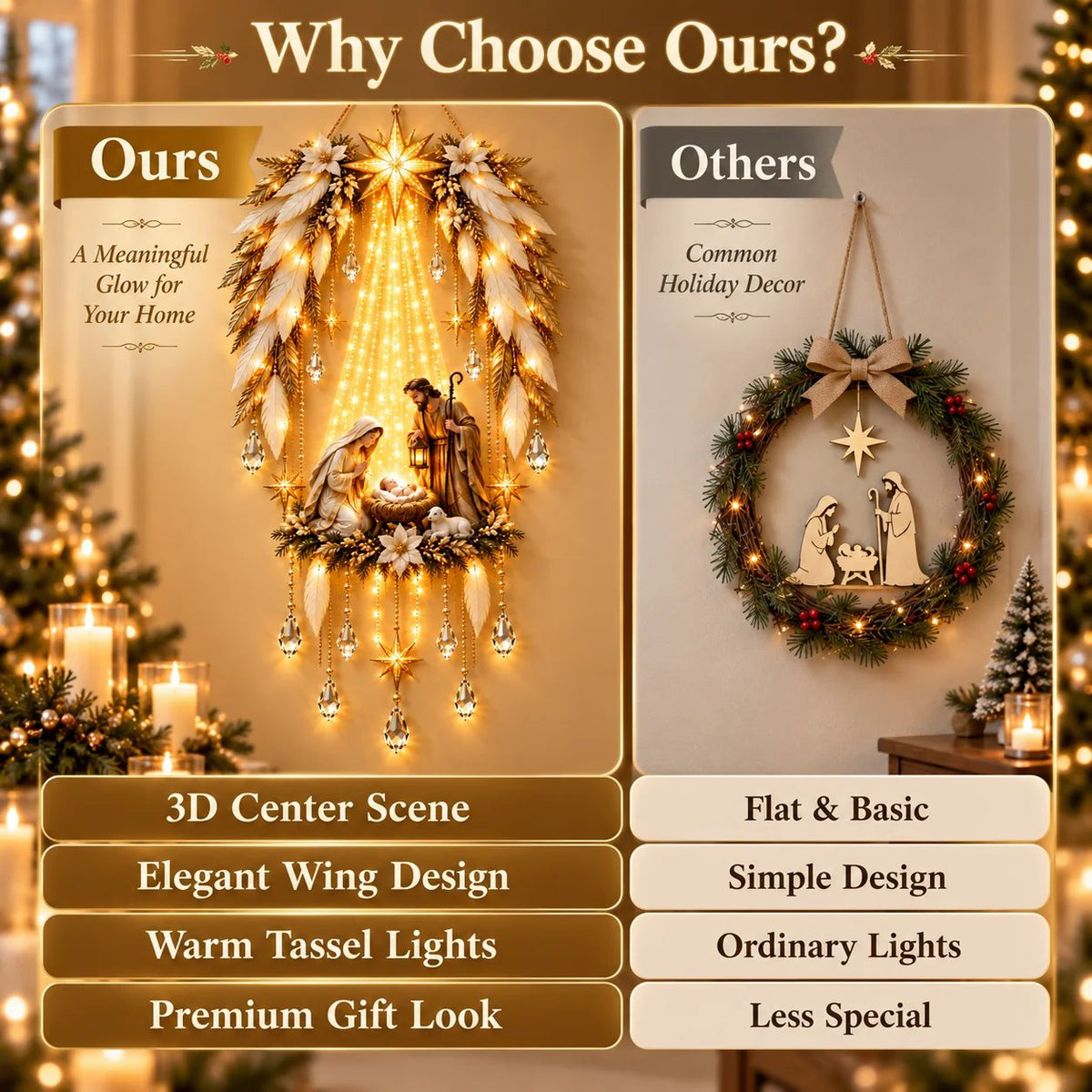 Angel Wings Nativity Wall Light compared with an ordinary Christmas wreath