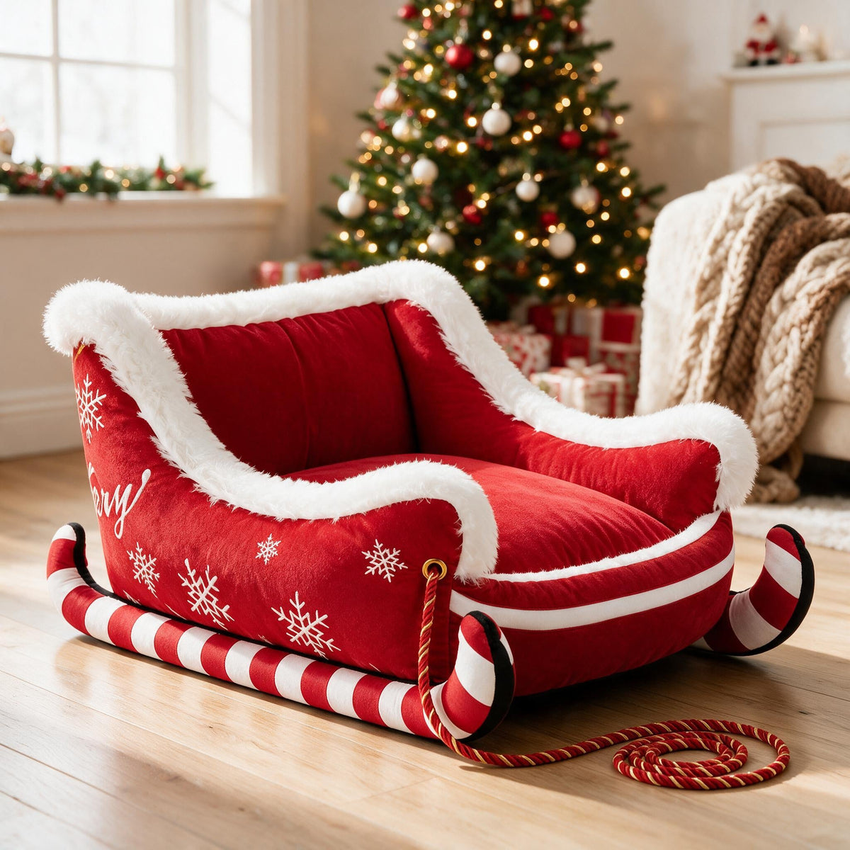 Candy Cane red Christmas sleigh pet bed by the tree