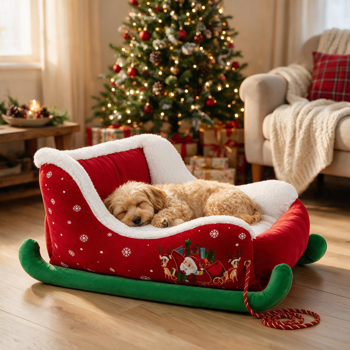 Dog sleeping in the Classic Santa sleigh pet bed